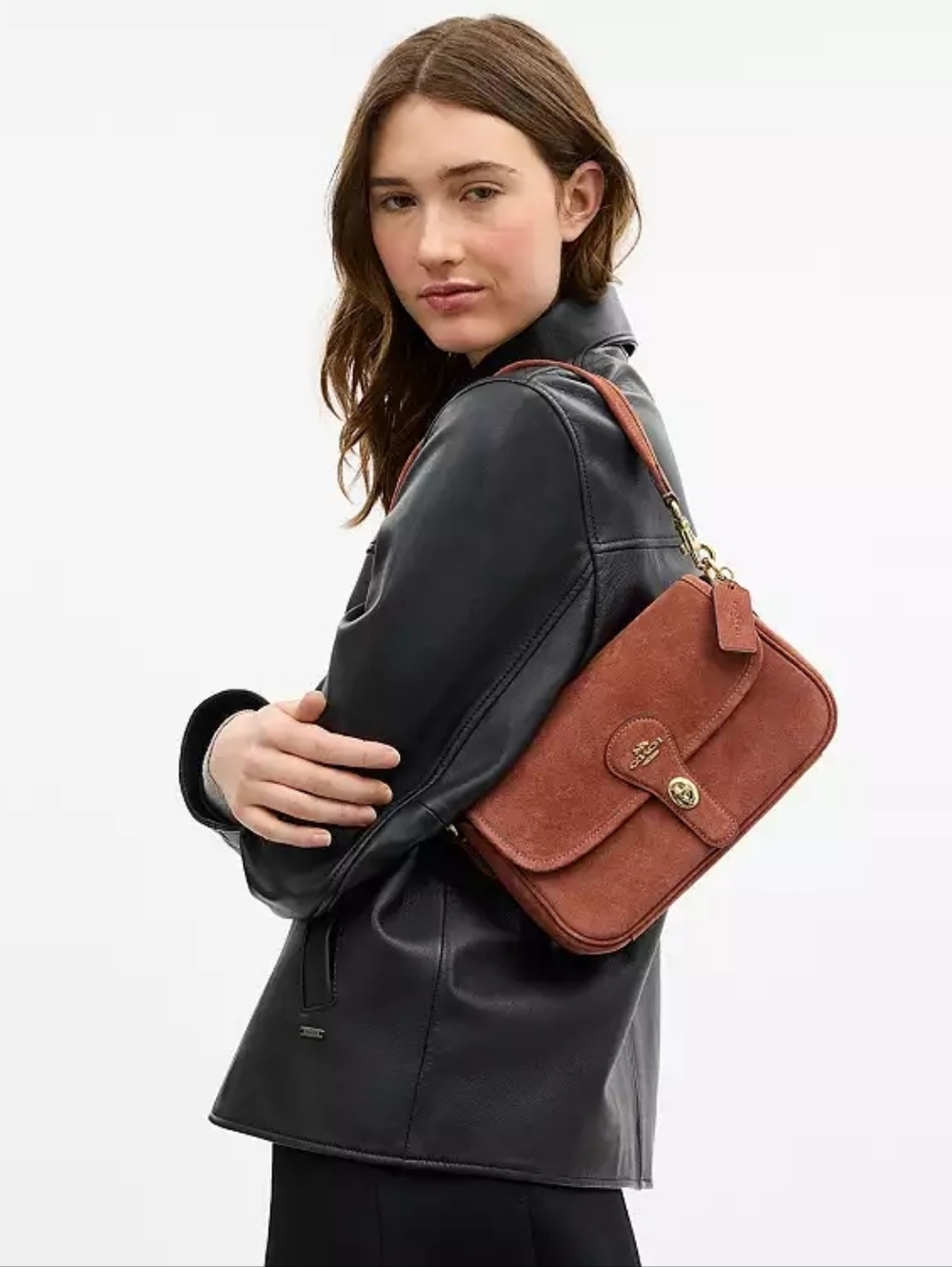 Coach Hadley Suede Shoulder Bag Crossbody Sienna Gold Turnlock NWT - Picture 3 of 8